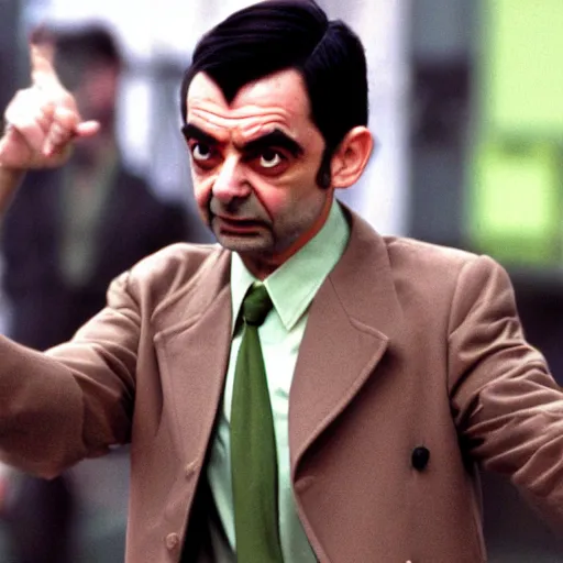 Prompt: Mr Bean as neo in the matrix, fight scene, green tinted, 35mm film