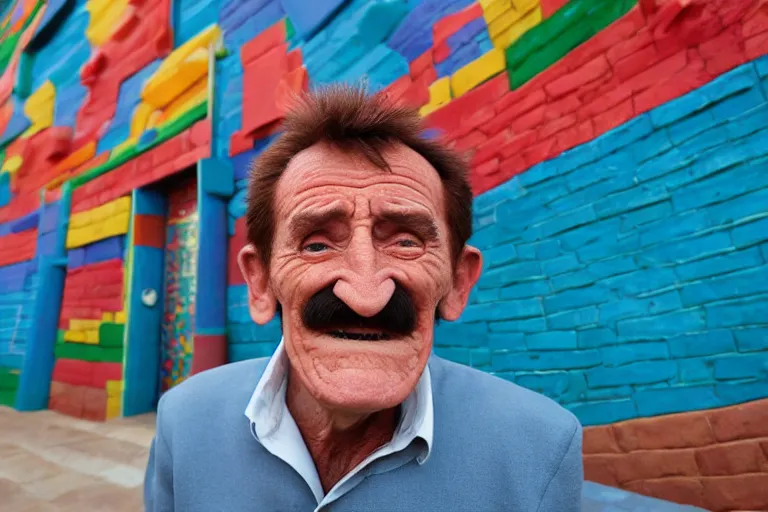 Image similar to Barry Chuckle as neo-Andean architecture by Freddy Mamani, realistic human-building hybrid, a building that looks like legendary entertainer Barry Chuckle