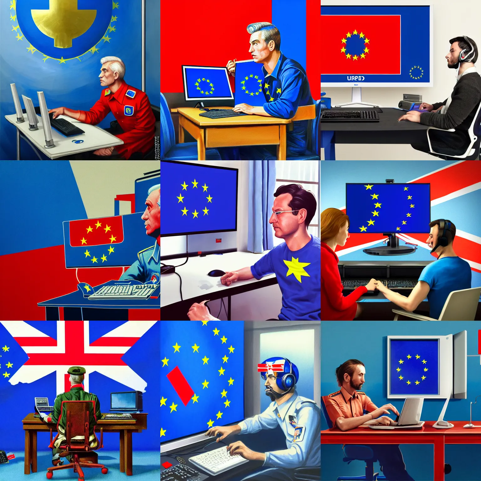 Prompt: european union eu hybrid influencer on blue shirt sitting on chair with eu flag on computer playing games on led keyboard and gaming mouse in style of American propaganda poster, ussr suit, communism, ussr armor, eu flag, european union flag, dark and gloom, extremely detailed oil painting, open room, highly detailed, trending on artstation, concept art, sharp focus, illustration, art by artgerm and greg rutkowski and magali villeneuve