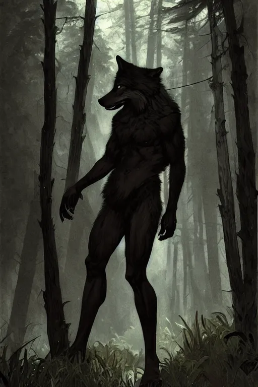 Image similar to full figure beautiful young fit antrophomorphic male wolf, bared teeth and long claws, dark scene, by greg rutkowski and alphonse mucha, d & d character, gradient black to silver, in a forest at night, highly detailed portrait, digital painting, artstation, concept art, smooth, sharp focus illustration, artstation hq