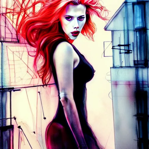 Prompt: pretty scarlett johansson black widow, symmetrical eyes, long red hair, half body, city rooftop by agnes cecile moebius bilal, very luminous design, light pastel colours, ink drips, autumn lights