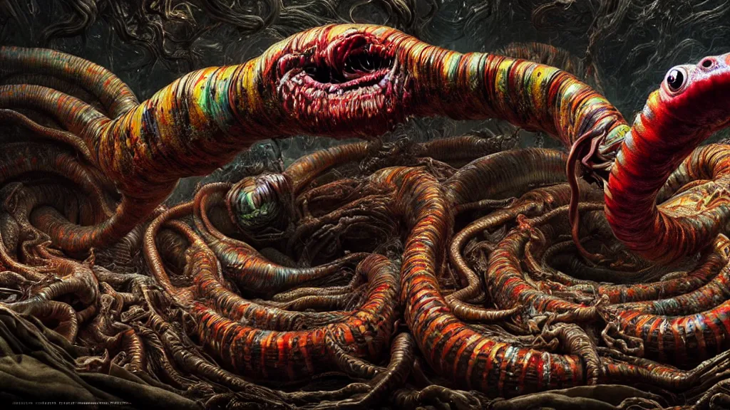 Image similar to screaming worm monster, maximalist, high detail, 8k, ornate, dark fantasy, realistic, masterpiece, complex, WLOP, film still from the movie directed by Denis Villeneuve, wide angle, colorful