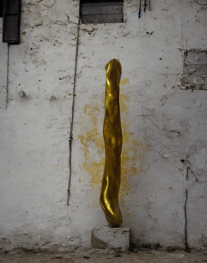 Prompt: vintage color photo of cenital view of a liquid gold sculpture in a south american back alley with white and gray walls, still of a werner herzog documentary