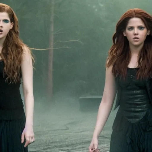 Prompt: still of Anna Kendrick and Jennifer Lawrence starring as witches in remake of The Craft 2029