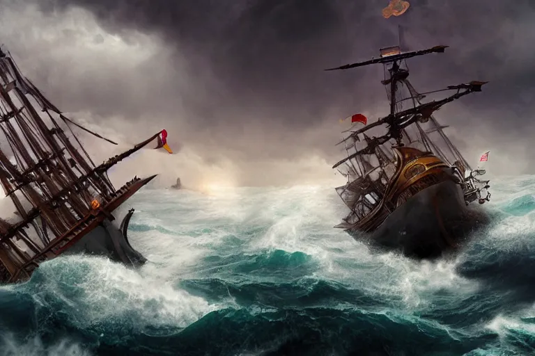 Image similar to epic pirate ship cannon battle in a storm, in the style of vernon grant and chris van allsburg, raging stormy sea, trending on artstation, bright tilt - shift camcorder effect, photoshop, retrowave, hyperrealism, octane, sharp focus, masterpiece