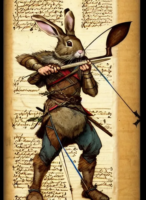 Image similar to a heroic rabbit archer with bow and arrow on a parchment background, redwall, greg rutowski and jean baptiste monge, detailed, epic fantasy concept art