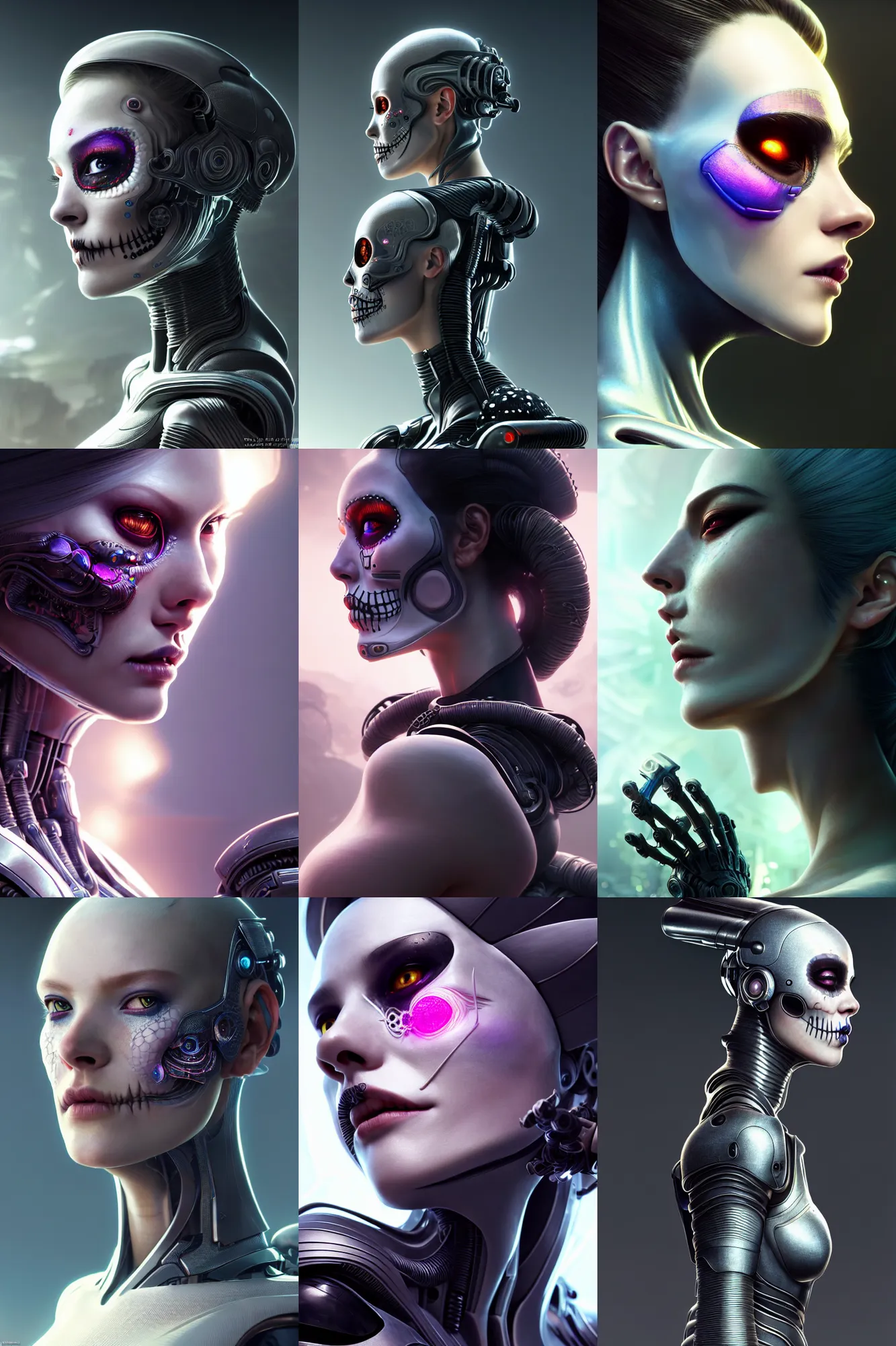 Prompt: ultra detailed side portrait of female android, smoke!!, sharp focus, sci - fi, fantasy art, digital illustration, dia de los muertos. octane render, unreal engine, global illumination, intricate detailed. concept art. art by artgerm and wlop and giger and greg rutkowski and rossdraws and alphonse mucha, 8 k