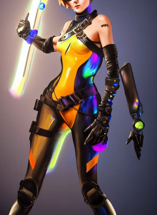 Image similar to oil painting digital artwork of tracer overwatch, confident pose, wearing black iridescent rainbow latex, 4 k, expressive happy smug expression, makeup, in style of mark arian, wearing leather collar, wearing sleek armor, black leather harness, expressive detailed face and eyes,