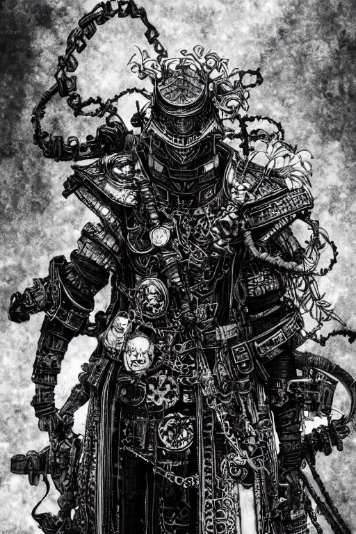 Image similar to a vertical portrait of a character in a scenic environment by Yoshitaka Amano and Nihei Tsutomu, black and white, dreamy, steampunk armor, highly detailed