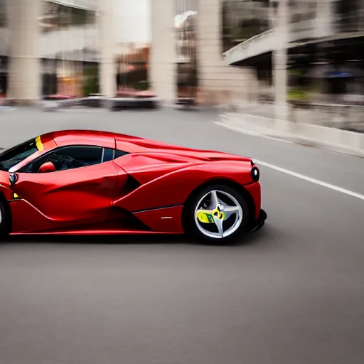 Image similar to Ferrari La Ferrari Minivan centered in frame, advertisement, motion blur, ad