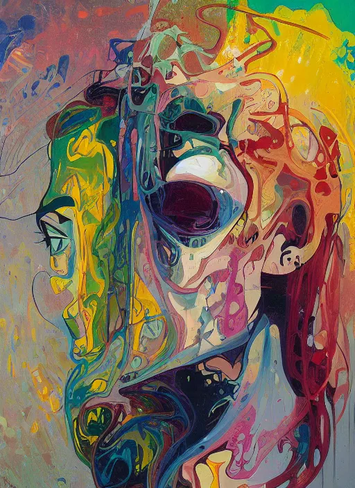 Image similar to abstract expressionism oil painting intertwined with a human head, spray paint texture, drips, impasto paint, 3 d graffiti texture, brushstrokes, abstract, highly detailed, hyperealistic fresh paint, harmonious, chaotic, colorfull, in the style of alphonse mucha