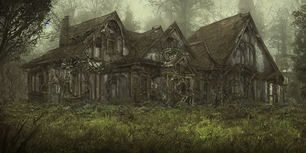 Image similar to photorealistic, ruined english bungalow, overgrown vegetation, in the forest, apocalypse, night, fog, shadowy creatures lurking in foliage, cthulhu, hellscape, hyperrealistic, grimdark, artstation