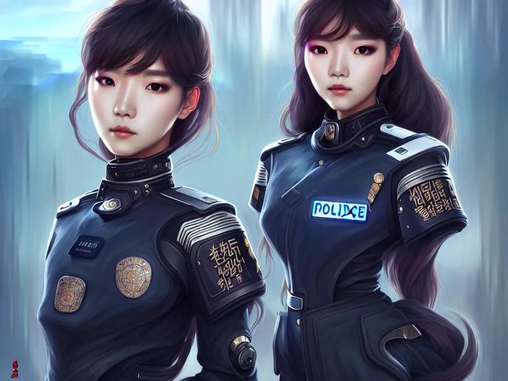 Image similar to portrait jisoo, futuristic koeran police uniform female, at future neon light rooftop, ssci - fi and fantasy, intricate and very very beautiful and elegant, highly detailed, digital painting, artstation, concept art, smooth and sharp focus, illustration, art by tan zi and ayanamikodon and alphonse mucha and wlop