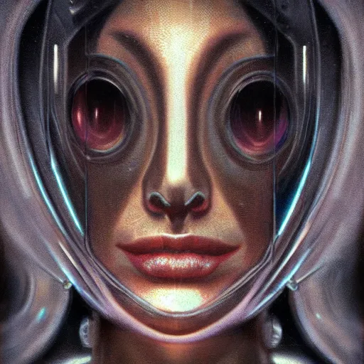 Image similar to detailed face of a synthetic human, clockwork woman, moment, tectonic sky, skydome, bullet train, tech noir, wet reflections, prism, atmospheric, ambient, pj crook, syd mead, livia prima, greg rutkowski, edward hopper