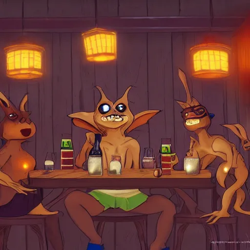 Prompt: gremlins having drinks in rustic night club, artstation,