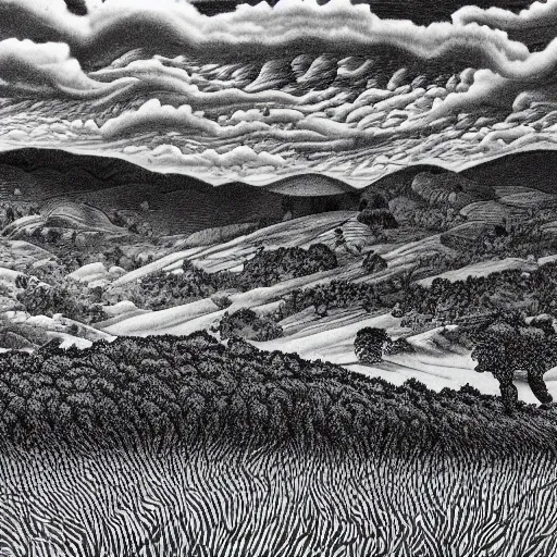 Prompt: Fields and mountains by Kentaro Miura, highly detailed, black and white