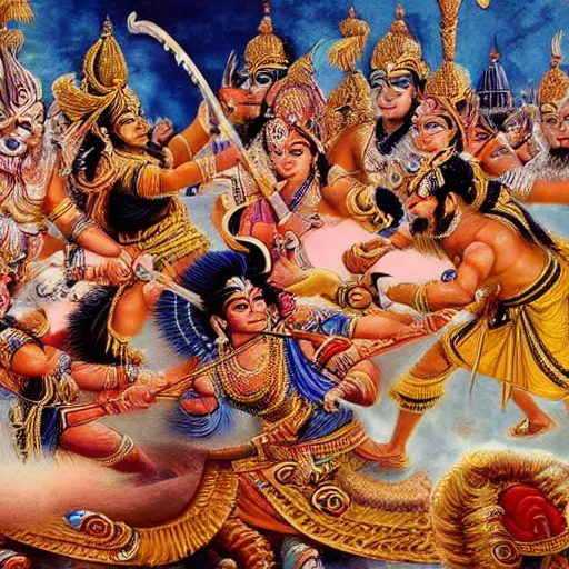 Image similar to Battle between Lord Rama vs Ravana from Indian epic ramayana, hyper-realistic 8k