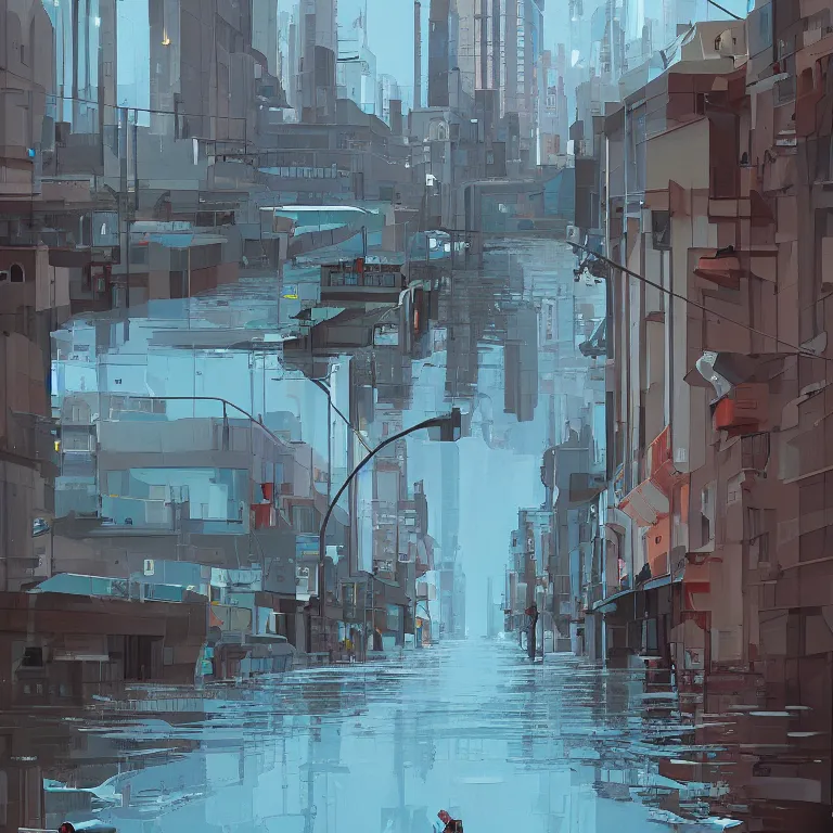 Image similar to morning flood in an empty city, , painted by James Gilleard, airbrush