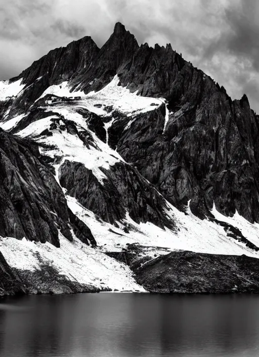 Image similar to old lost footage in black and white of a beautiful mountain,hyper realistic 8K HD real life photo