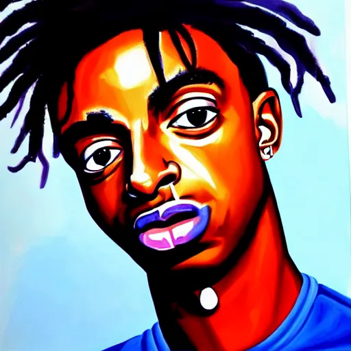 Prompt: a painting of playboi carti by damon albarn, cel shaded, dynamic perspective, detailed facial features, rounded eyes, low light