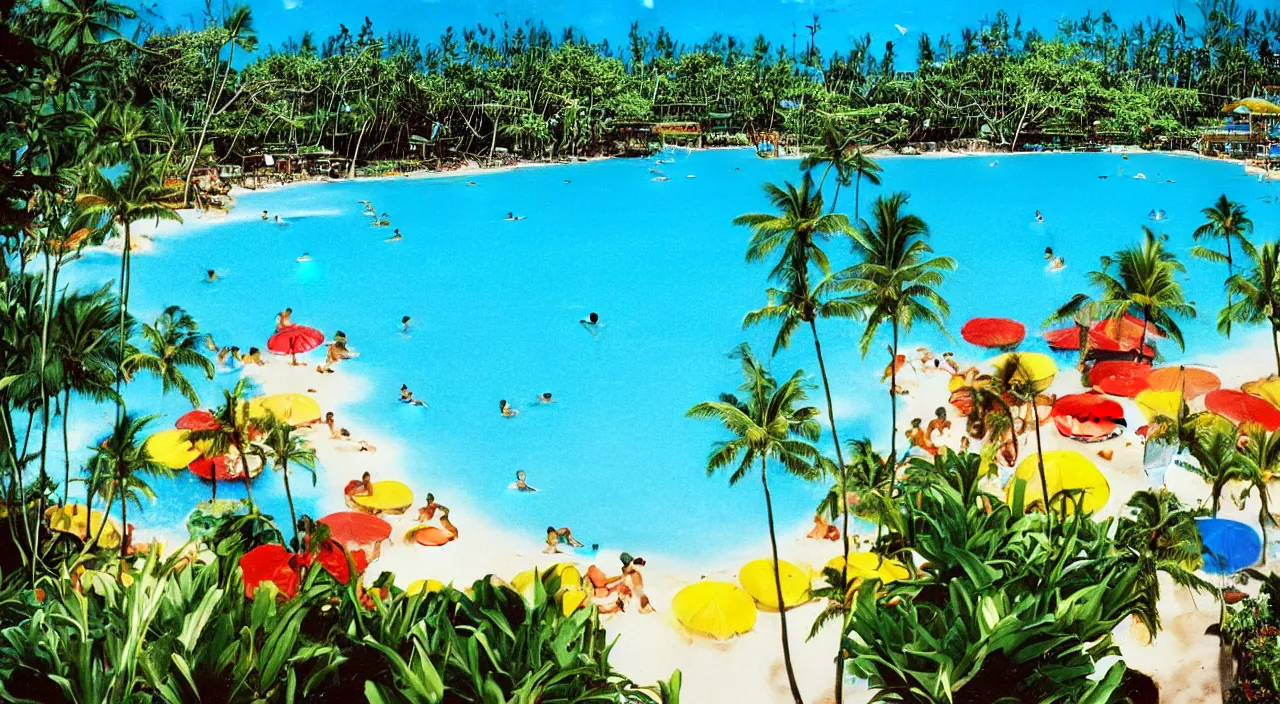 Image similar to a beautiful day at a Hawaiian pool,colorised,photograph