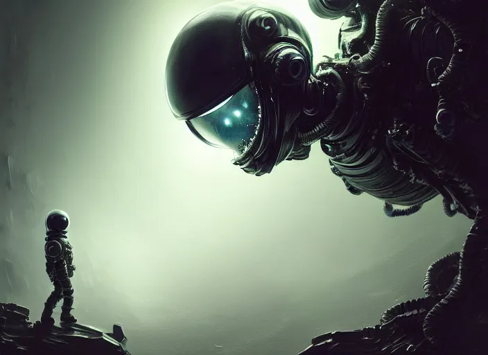 Prompt: a mysterious translucent space alien, eerie shimmering surroundings, small astronaut looking up, concept art, intricate, detailed, award - winning, cinematic, octane render, 8 k, photorealistic, by tsutomu nihei, by emil melmoth, by gustave dore, by craig mullins, by yoji shinkawa