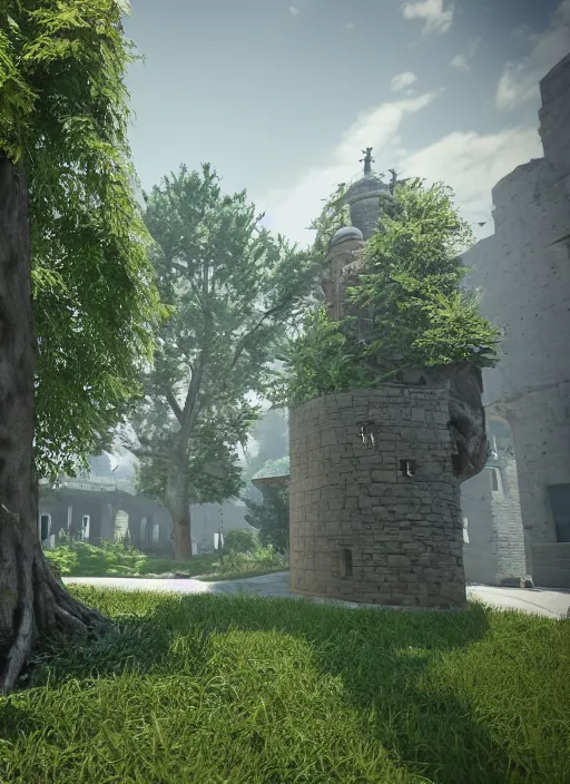 Prompt: Location : unusual castle grounds at the base of a tree Details to include : * gas mask * tram lines * flower pots unreal 5, DAZ, hyperrealistic, octane render, dynamic lighting