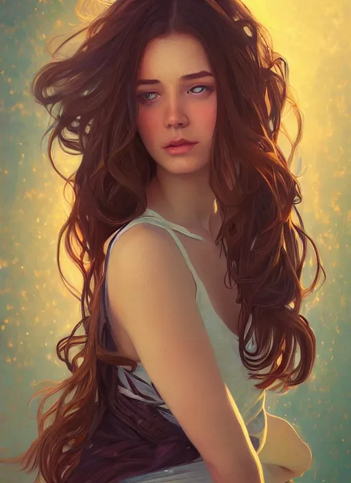 Image similar to handsome young women with shoulder length brown hair, half body shot, path traced, highly detailed, high quality, digital painting, alena aenami, lilia alvarado, shinji aramaki, karol bak, alphonse mucha, tom bagshaw