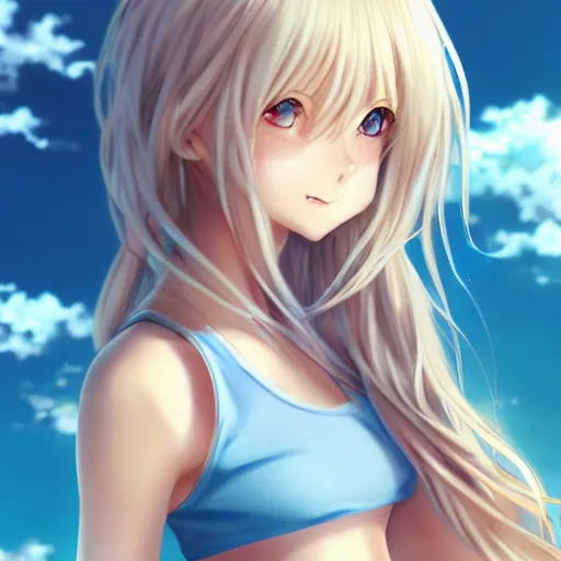 Image similar to a very beautiful young anime basketball girl, full body, long wavy blond hair, sky blue eyes, full round face, short smile, bikini, miniskirt, highly detailed, cinematic wallpaper by stanley artgerm lau