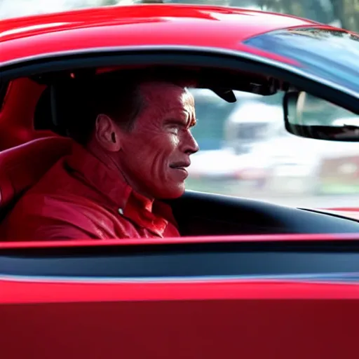 Image similar to arnold schwarzenegger driving a ferrari