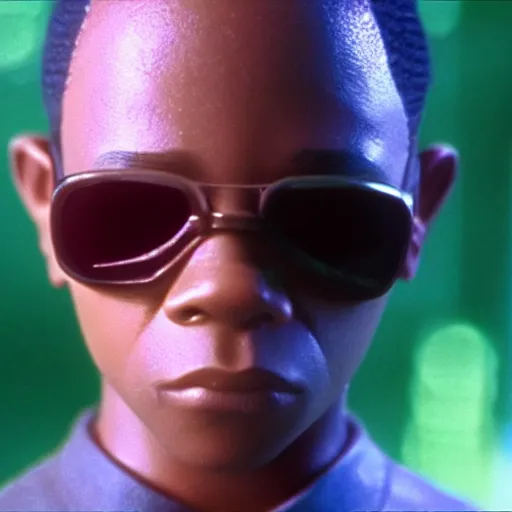 Prompt: a film still of Lil Bow Wow starring in The Matrix (1999), close up, shallow depth of field