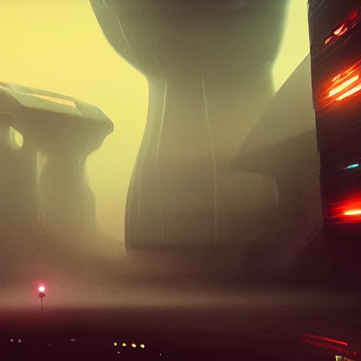 Prompt: cinematic view, giant futuristic cyberpunk spacecraft, blade runner, dense fog, bloom, cinematic lighting, ultra detailed, trending on artstation, dune style, mid tone, denis villeneuve