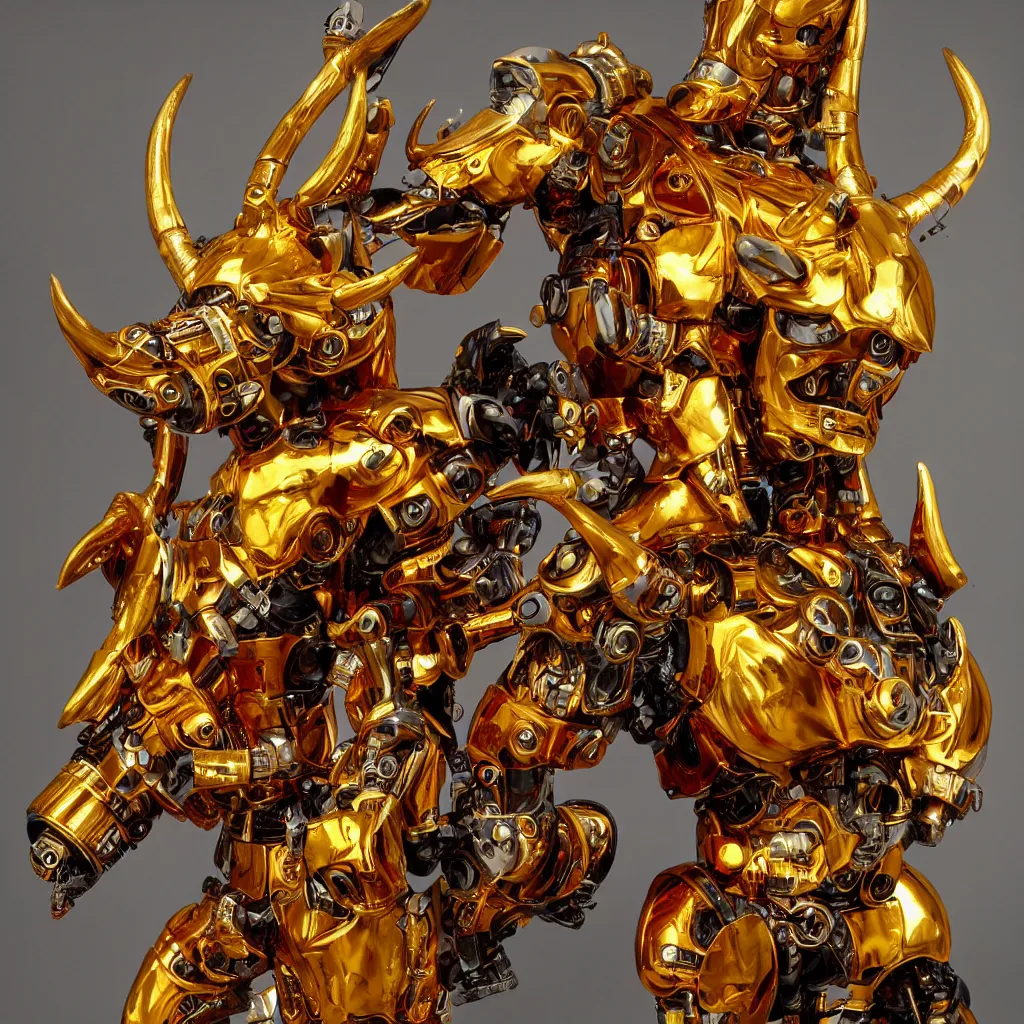 Image similar to a cyborg with gold horns, made out of colourful liquid amber