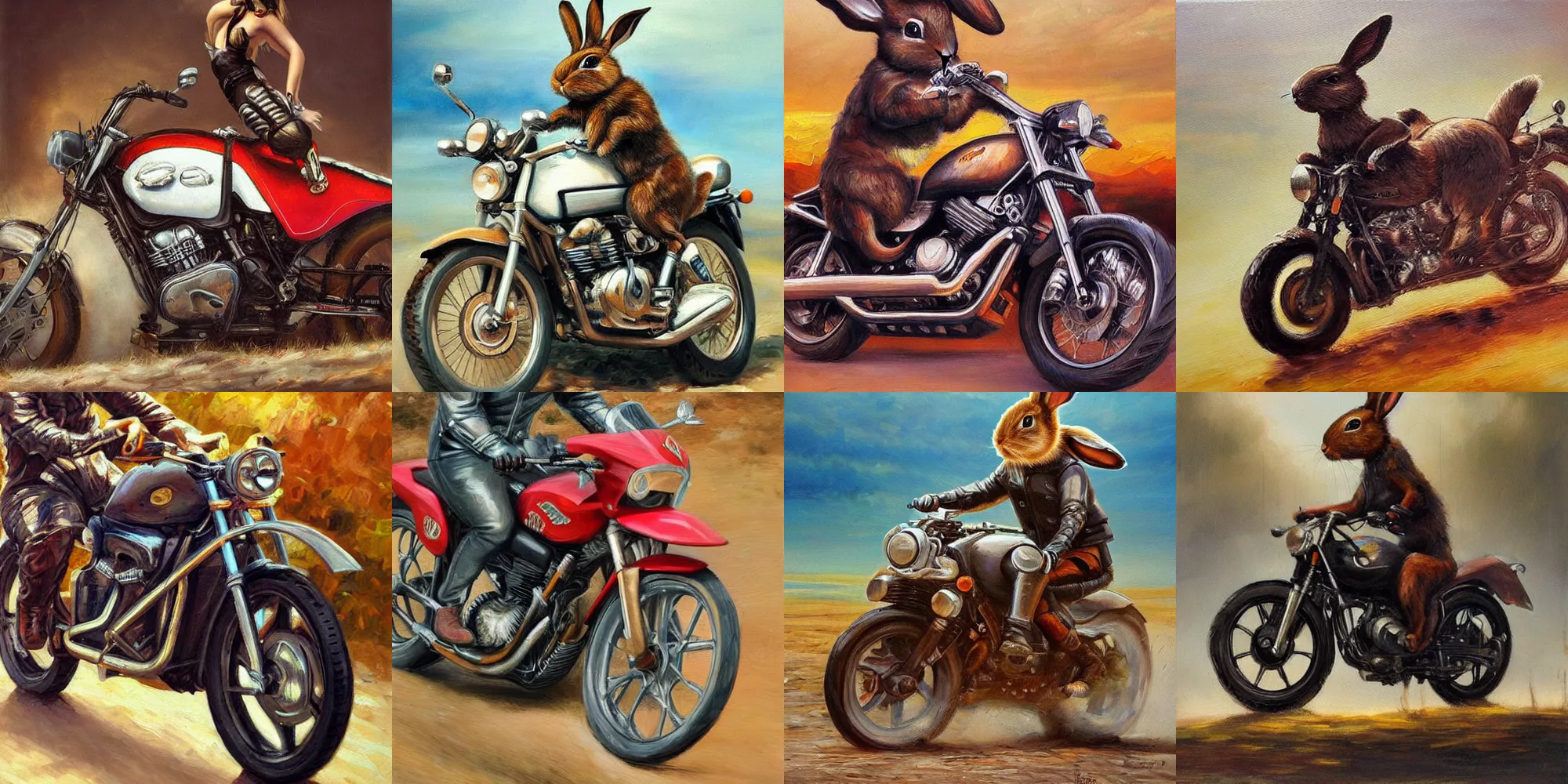 Prompt: a bunny riding a motorcycle, oil painting, beautiful, detailed