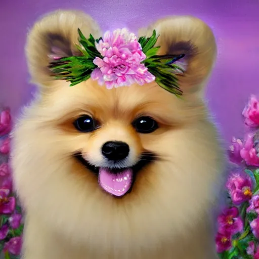 Image similar to anthromorphic fluffy pomeranian puppy dressed in princess robe and flower crown, detailed 4 k oil painting