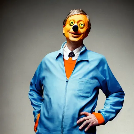 Prompt: UHD candid photo of Bill Gates dressed in orange jumpsuit, wearing extremely accurate clown makeup, accurate face, UHD, photorealistic, correct face, photo by Annie Leibowitz