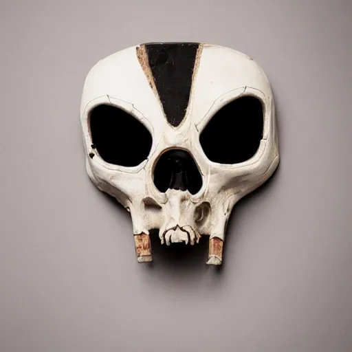 Prompt: symmetrical product photograph of a scary mask made from bone and obsidian, angry, cracked