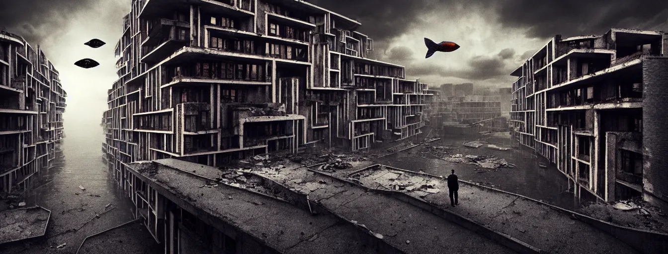 Image similar to abandoned city + a lone man + (((school of fish flying in the sky))) + (((habitat 67))), Mads Berg, Karolis Strautniekas, film noir, textured light, dramatic lighting,editorial illustration, detailed,fine texture, matte print, dark blue + dark orange, red, black, extreme perspective, volumetric light