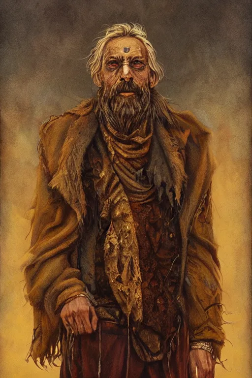 Image similar to full-body portrait of a majestic hobo, brown and gold, rags, beard, missing teeth, by Anato Finnstark, Tom Bagshaw, Brom