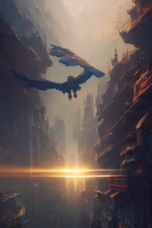 Prompt: robot eagle flying up on the victorian city, extremely detailed digital painting, in the style of fenghua zhong and ruan jia and jeremy lipking and peter mohrbacher, mystical colors, rim light, beautiful lighting, 8 k, stunning scene, raytracing, octane, trending on artstation