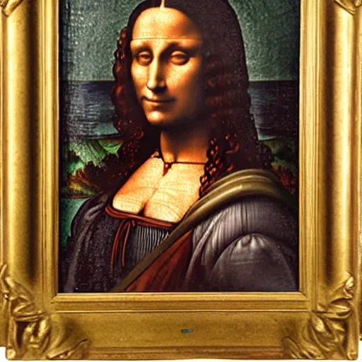 Prompt: Mona Lista painting a portrait of Leonardo Da Vinci