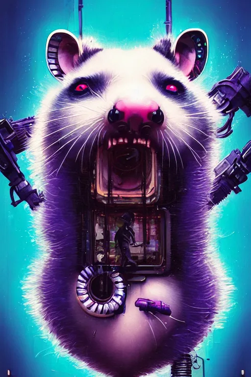 Image similar to a beautiful portrait of a cute cyberpunk opossum screaming by sandra chevrier and greg rutkowski and wlop, purple blue color scheme, high key lighting, volumetric light, digital art, highly detailed, fine detail, intricate, ornate, complex, octane render, unreal engine, photorealistic