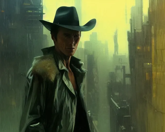 Prompt: 2 0 1 8 blade runner movie very very young clint eastwood in his youth western look at the cityscape from roof perfect face fine realistic face pretty face reflective polymer suit tight neon puffy jacket blue futuristic sci - fi elegant by denis villeneuve tom anders zorn hans dragan bibin thoma greg rutkowski ismail inceoglu illustrated sand storm alphonse mucha