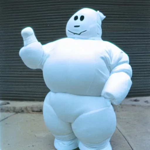 Image similar to the michelin man as the stay puft marshmallow man, realistic, 1 4 0 mm, nikon film