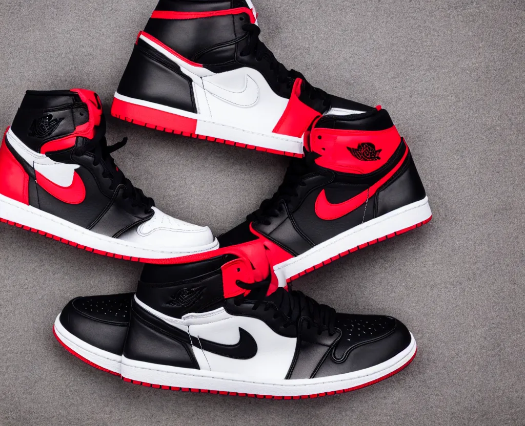 Image similar to a proffesional press photograph of nike jordan 1 black red and white