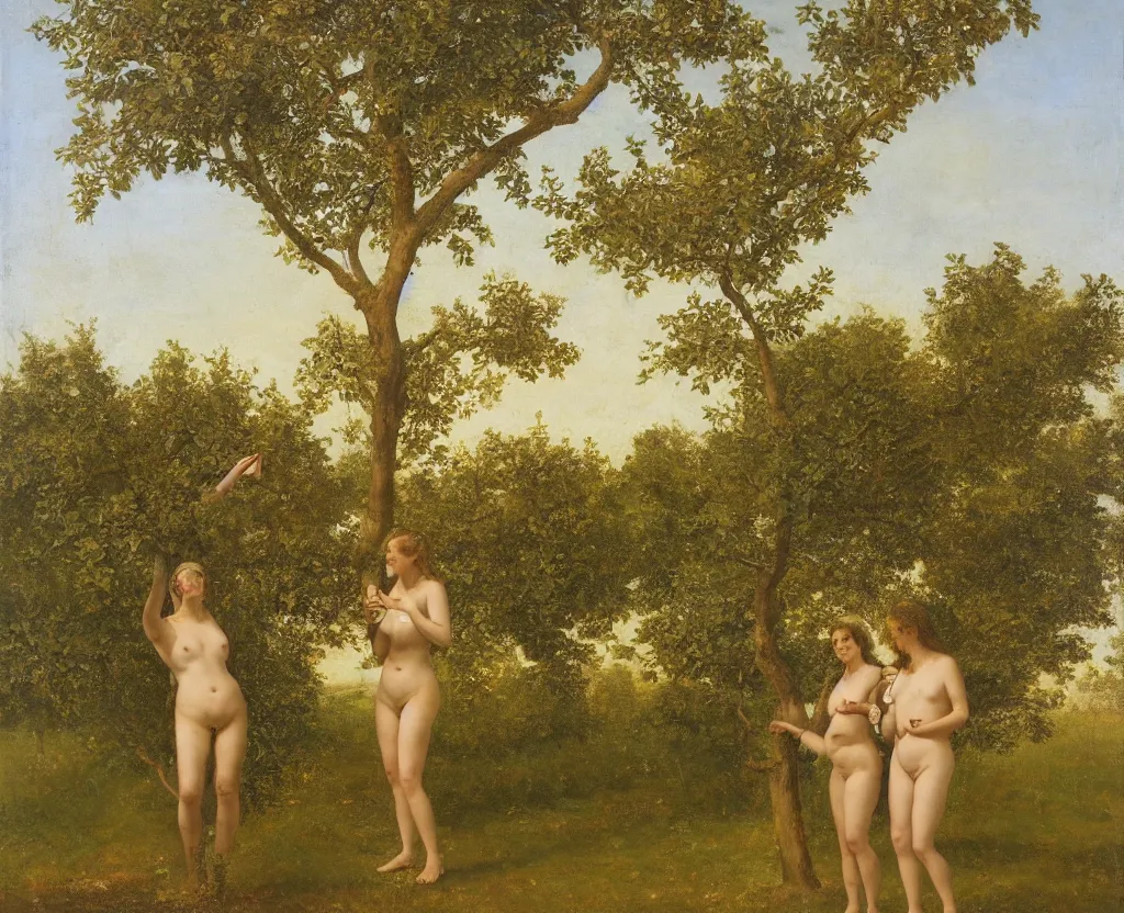 Prompt: Single apple tree in empty garden. Two naturist women wearing fig leaves stand on both sides of a lonely apple tree, facing the camera, one holds apple in hand, classical painting, realism, golden hour