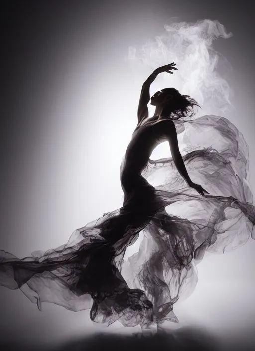 Image similar to a Photorealistic dramatic hyperrealistic render of a glamorous beautiful Female smoke dancer by Ken Brower and Deborah Ory of NYC Dance project,Lois Greenfield,Flowing cloth and smoke,Beautiful dynamic dramatic dark moody lighting,volumetric,shadows,cinematic atmosphere,Octane render,8K