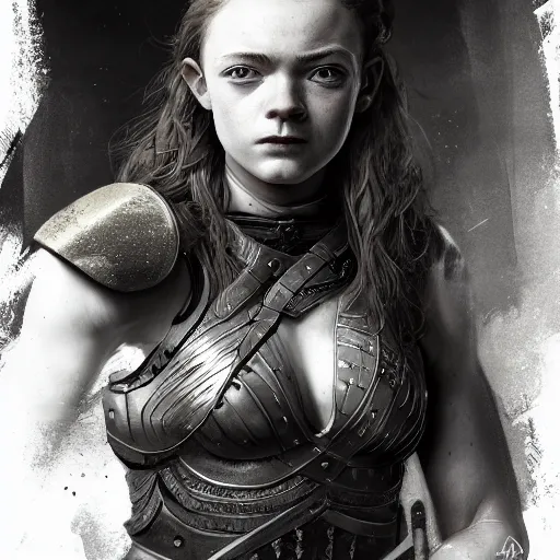 Prompt: sadie sink proud muscular female turkish warrior, portrait by Cedric Peyravernay, highly detailed, excellent composition, cinematic concept art, dramatic lighting, trending on ArtStation