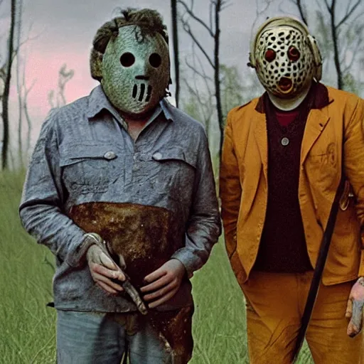 Prompt: Leatherface and Jason voorhees in a Wes Anderson style horror movie