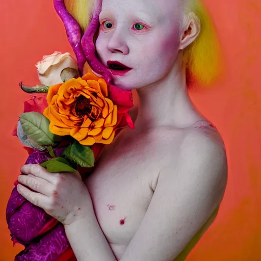 Image similar to realistic expired kodak film portrait of albino india woman tentacled creature mix, marigold, roses, lotus, jamine celestial vibe, hyperrealism, hypermaxiymalism, photorealistic, detailed, atmospheric, 8 k, award winning photography, cinematic